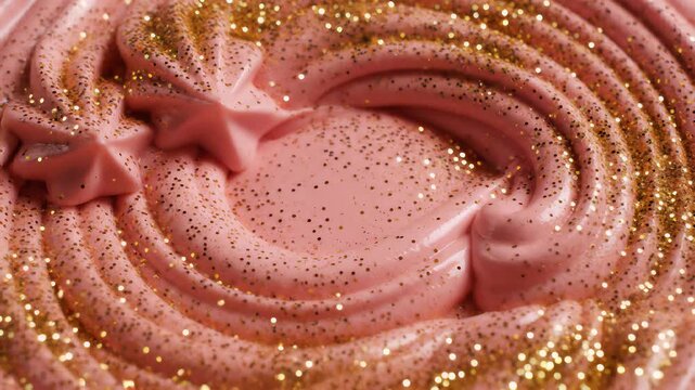 Pink frosted cake with golden stars on top majestically sitting against creamy background, perfectly capturing the concept of luxury and celebration, ideal for use cases such as advertising high.