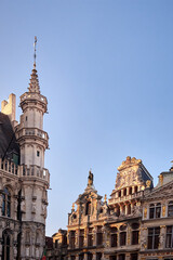 Historic and ornate buildings at Grand Place in Brussels, Belgium. The photo shows detailed fa&ccedil;ades and towers decorated with statues and gold accents, illuminated by soft daylight 