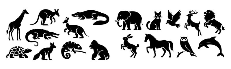 Silhouette icon collection of diverse animals including mammals reptiles birds and sea creatures in a simple black and white vector illustration