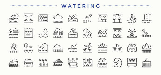 Watering icon. Collection for mobile and web apps. Irrigate line icon set. Pack of drip, aqua, farm, irrigation, spray, pump, agricultural and more.