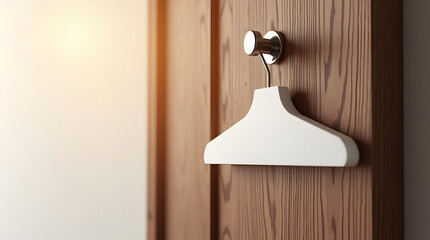 A sleek white coat hanger elegantly hanging on a modern wooden door.