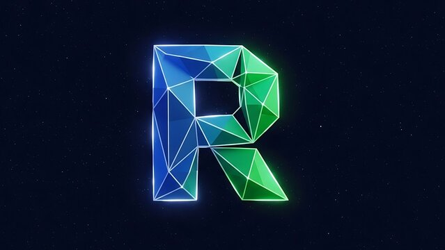 Futuristic Low Poly Letter R Logo, Geometric Blue and Green Gradient Monogram with Neon Wireframe, Modern Tech Symbol