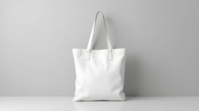Minimalist white tote bag displayed against a light gray background.