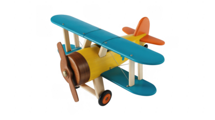 Wooden biplane toy with blue yellow and orange colors isolated on a transparent background