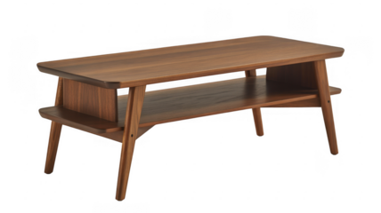 Wooden coffee table with two shelves and angled legs isolated on a transparent background