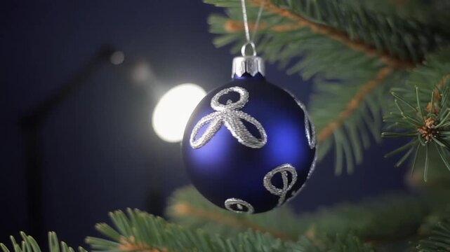 Slow Motion View of a Deep Sapphire Blue Glass Ornament With Etched Silver Detail Hanging on a Christmas Tree