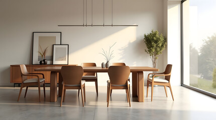 Fototapeta premium Elegant modern dining room featuring a wooden table and stylish chairs, illuminated by soft natural light.