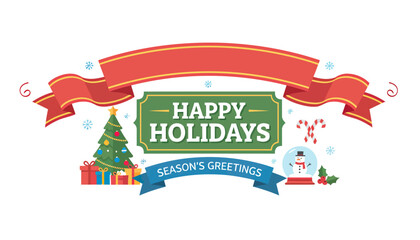 Happy Holidays Banner With Festive Ribbon And Gift Elements.