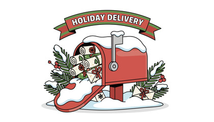 Holiday Delivery Mailbox with Festive Decorations and Ribbon.