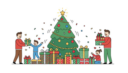 Christmas Tree with Gifts and People Celebration.