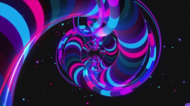 Vortex Journey VJ Loop - A vibrant and immersive abstract video loop depicts a spiraling vortex or tunnel constructed from glowing neon stripes and segmented rings - for vj screens, videobackgrounds