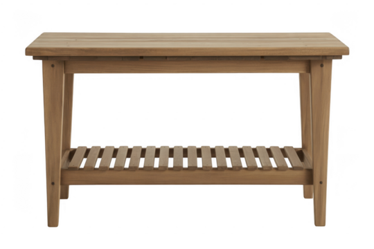 Wooden console table with slatted shelf isolated on a transparent background