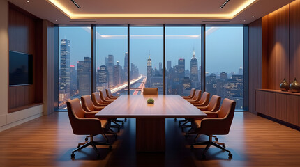 Modern corporate boardroom with city skyline view at dusk, featuring a large wooden table and contemporary seating.