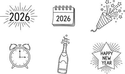 Vector Illustration of 2024 New Year Planning & Celebration Icons: Calendar, Clock, Party Popper.