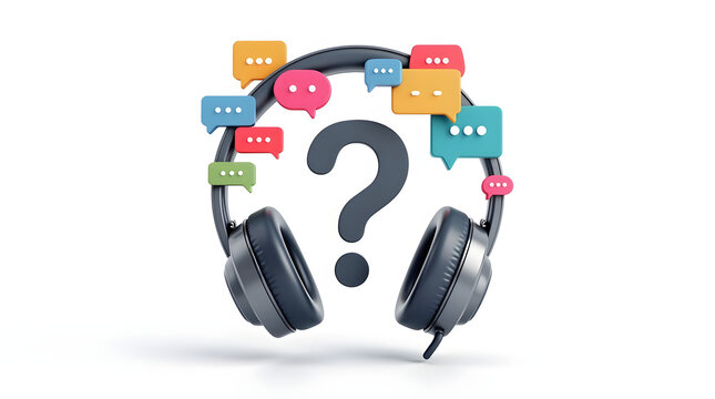Black headphones with colorful speech bubbles and a question mark, symbolizing inquiry and communication.