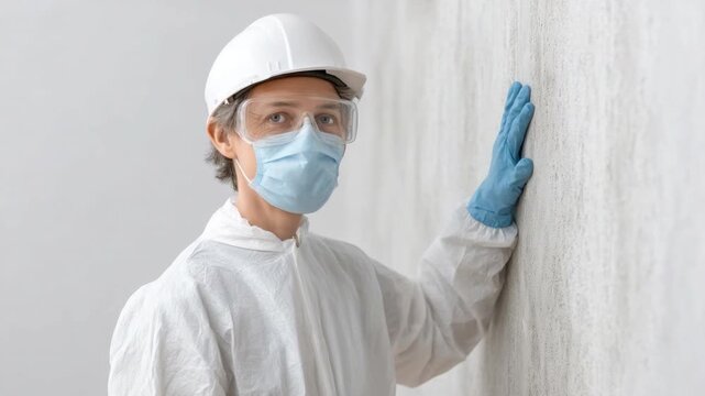 Professional worker wearing safety gear inspecting wall surface in modern interior setting for maintenance and repair purposes 4k video footage