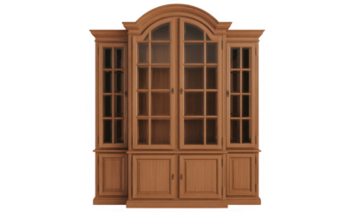 Wooden display cabinet with arched top and glass doors isolated on a transparent background