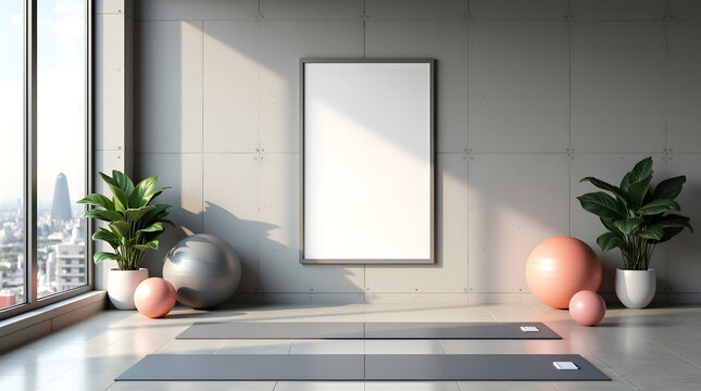 Bright and airy fitness studio featuring yoga mats, exercise balls, and a large blank canvas for customization.