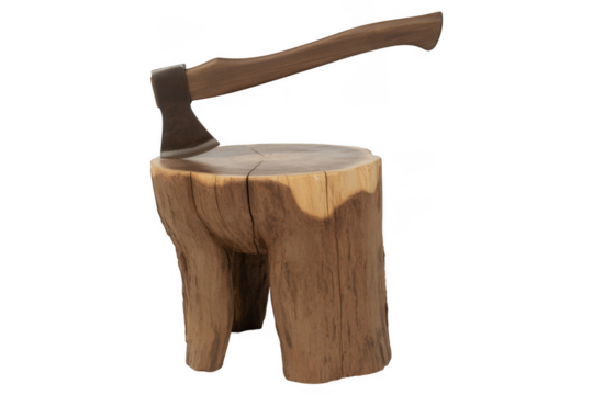 Wooden tree stump with axe head embedded in top isolated on a transparent background