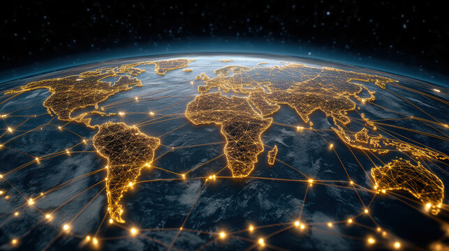 Global trade flow, world map, interconnected networks, digital connections, glowing lines