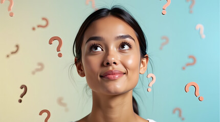 A young Asian woman expresses curiosity, surrounded by floating question marks against a gradient backdrop.