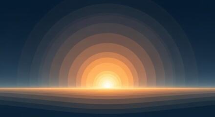 Abstract digital illustration of a glowing sunrise with concentric light arches over a dark horizon.