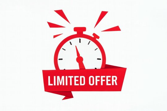 Red stopwatch icon with limited offer text on a banner symbolizing time sensitive sales and promotions