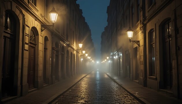 Urban Night with Street Lamp Mist
“A narrow cobblestone alleyway in an old European city at night, fog swirling around antique street lamps, wet pavement reflecting muted light, cinematic and mysterio - Powered by Adobe
