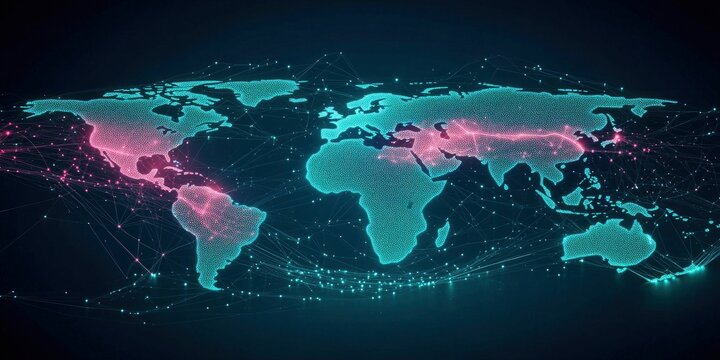 Digital map of the world with data point and connection, representing global connectivity and digital technology in business. The background is dark blue to create contrast neon pink and teal lights.