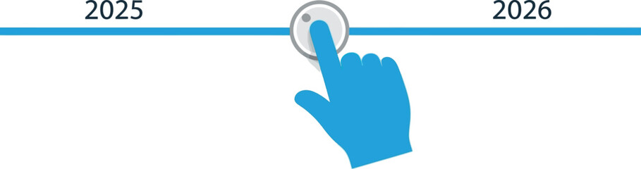 Vector Illustration of a hand cursor sliding a timeline with years 2025 and 2026, representing future planning and progress.