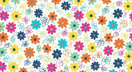 Vibrant abstract floral pattern with colorful daisy like flowers and whimsical scribbles on a white background