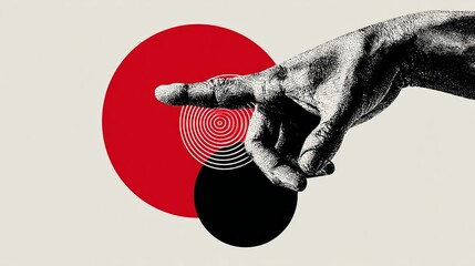 A striking artful depiction of a hand reaching out against a backdrop of bold, graphic circles, a symbolic representation of connection and creation.