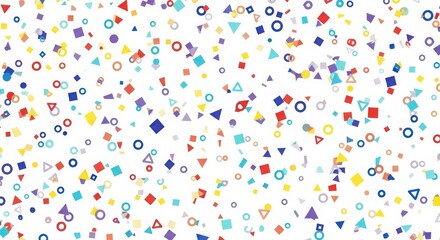 A vibrant and playful abstract background filled with a dense scattering of colorful geometric shapes and confetti on a white canvas
