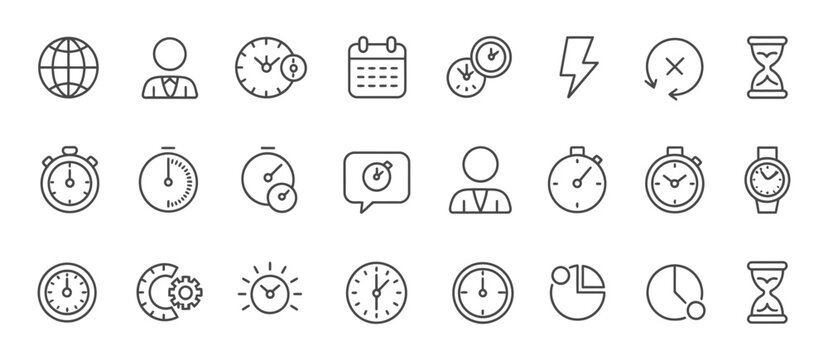 Alarm and deadline icons with clocks, calendars, sand hourglass, digital smartwatch, timer stopwatch, and time management elements in thin line vector style, ideal for scheduling and productivity