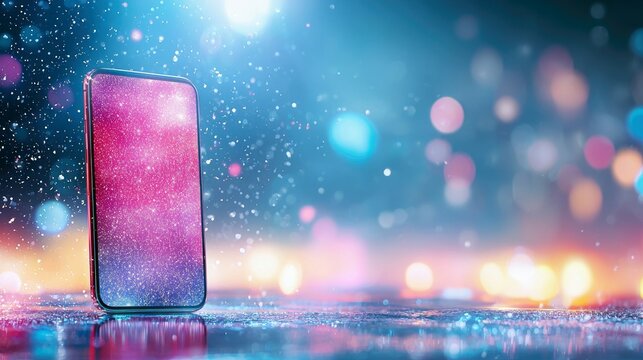 A modern smartphone with a vibrant pink and purple glitter screen, set against a bokeh background of blue, pink, and yellow lights and falling particles. The sc - Powered by Adobe