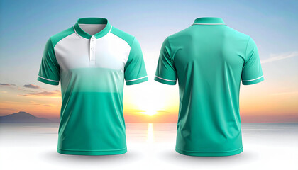 Teal Gradient Motion Shirt: A Short-Sleeve Athletic Design Featuring Smooth Color Transitions and Piped Accents, Captured in Dual View for Sporty Elegance, Breathable Comfort, and Modern Performance I