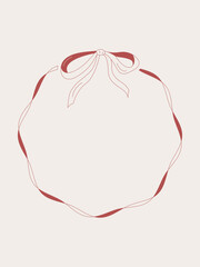 Simple round frame with a thin ribbon and a bow. Minimal decorative outline for cards, invitations, notes, and designs. Red line art on a light background.