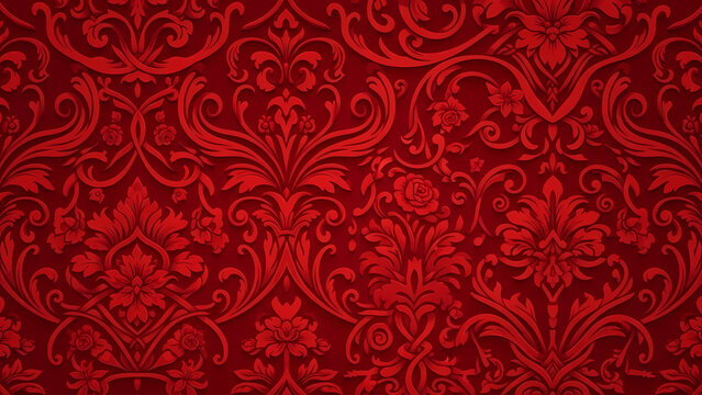 A rich red damask pattern with floral and leaf motifs creating an elegant and classic design
