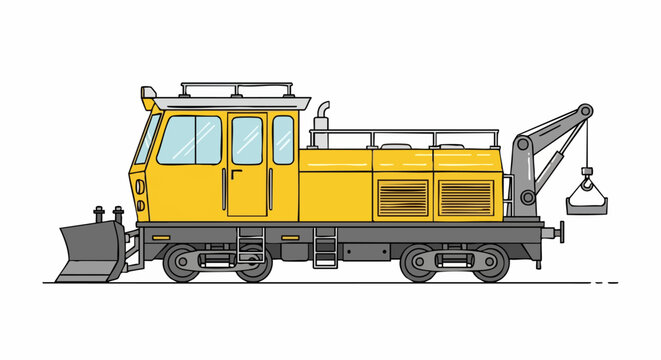 Yellow rail vehicle with snowplow and crane for railway maintenance.