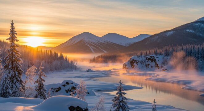 Breathtaking winter landscape with snow covered trees mountains and a river at sunset creating a serene and peaceful scene - Powered by Adobe
