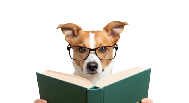 Cute smart dog wearing reading glasses holding an open book for school or learning concept isolated PNG with Transparent Background - Powered by Adobe