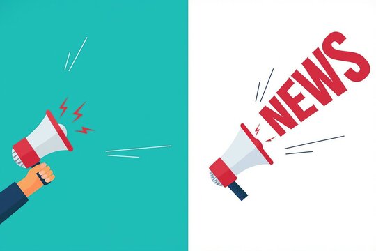 Two megaphones one announcing general information and the other shouting the word news symbolizing communication and breaking news