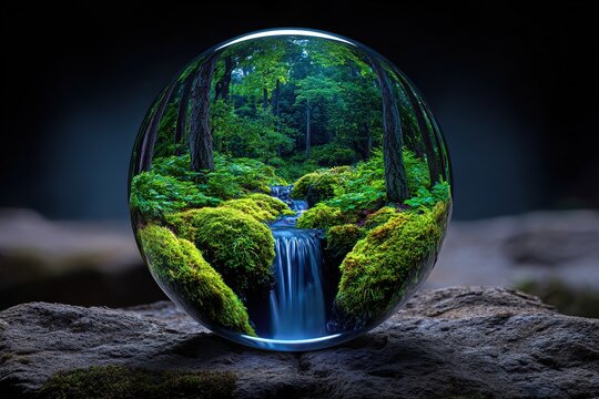 Forest Waterfall in a Glass Orb on Rock Sustainable Environment Concept