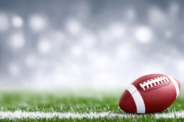 American Football on the Field: An American football rests on vibrant green grass, its distinctive stripes stark against the backdrop of a blurred stadium.