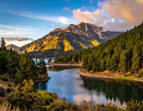 Scenic mountain lake surrounded by lush forest under a bright sky.