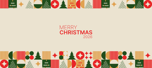 Merry Christmas 2026 greeting card with colorful geometric pattern. Modern bright design for holiday background.
