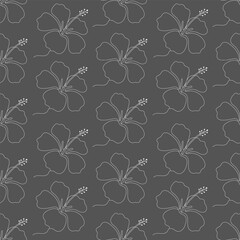 Seamless pattern with drawn hibiscus flowers on a soft gray background. Floral pattern