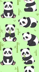 Obraz premium Adorable Panda Bears Seamless Pattern Design Cartoon Animal Illustration Cute Panda Characters Background Green Bamboo Forest Backdrop Happy Bears Playful Panda Cubs Vector Art