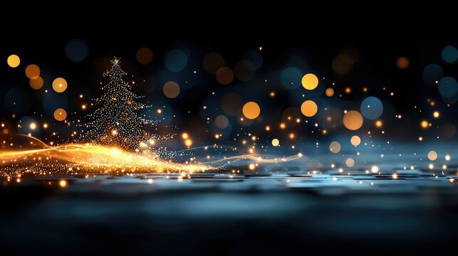 A stylized Christmas tree silhouette is illuminated by a cascade of golden light particles and trails, set against a dark background with glowing bokeh orbs in