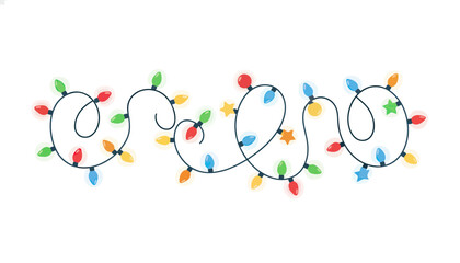 Colorful string of festive LED holiday lights.